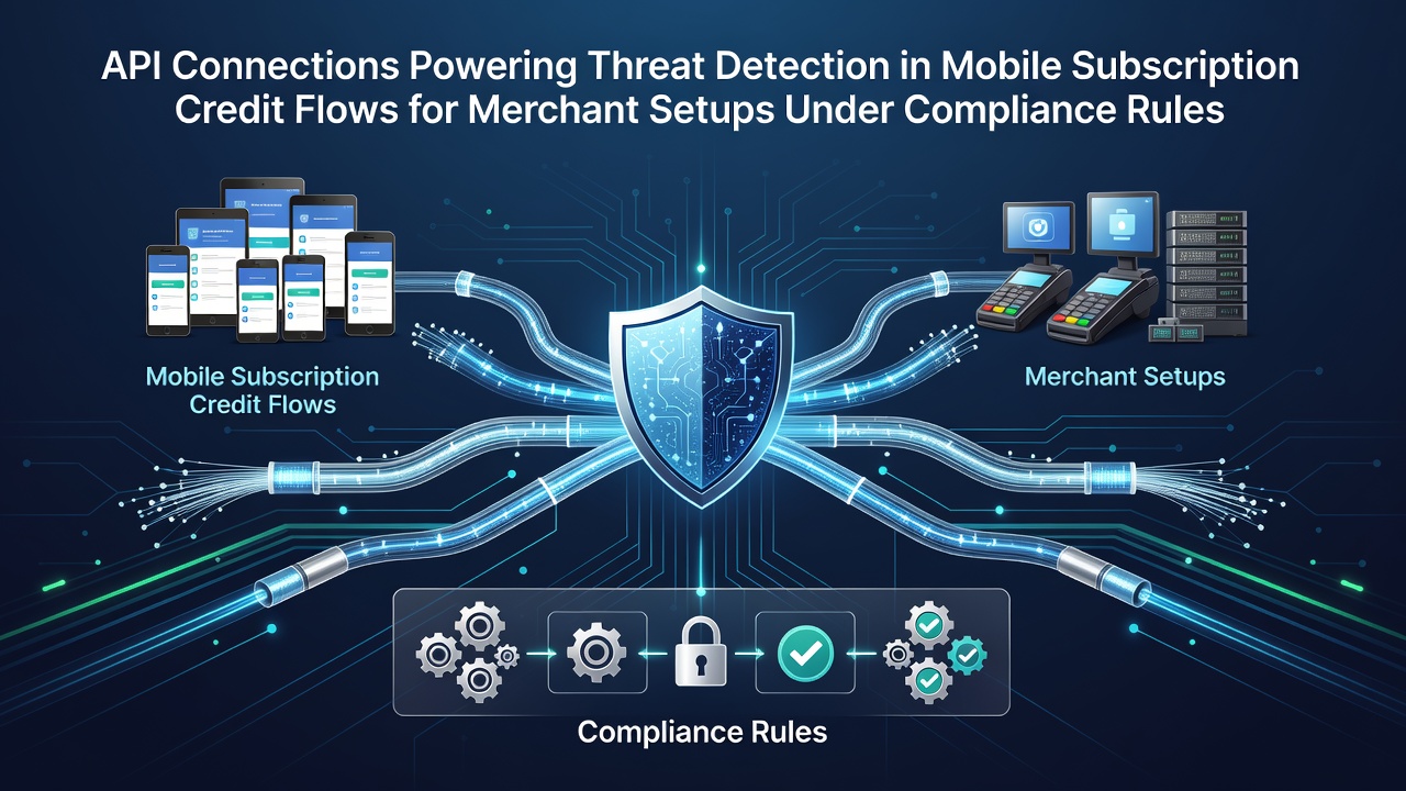 API connections facilitating threat detection in mobile subscription credit flows for merchants under compliance rules