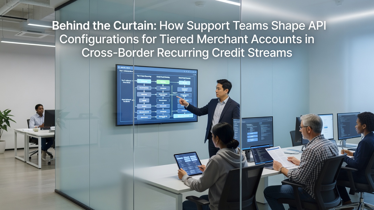 Support specialists reviewing API endpoint settings for international merchant tiers