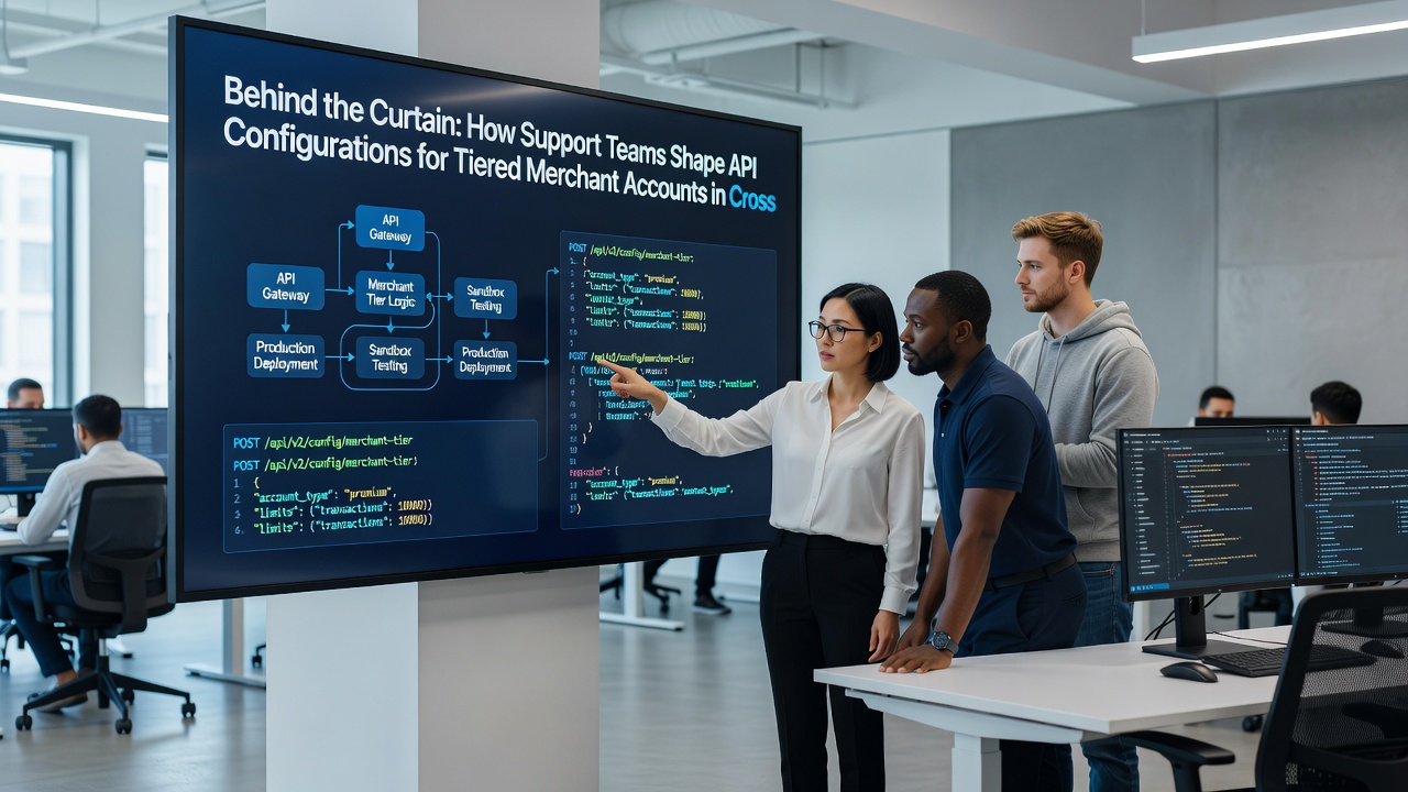 Team members adjusting webhook and authentication settings across merchant account tiers