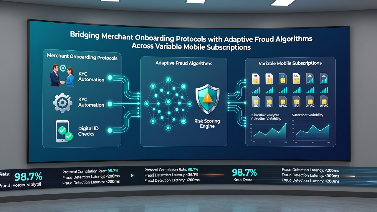 Diagram showing data flow between merchant verification protocols and real-time fraud algorithms in variable mobile subscription setups