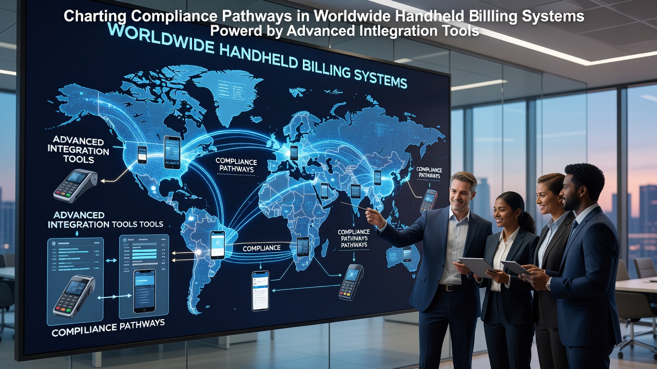 World map overlay showing integration points in global handheld billing networks with compliance checkpoints highlighted