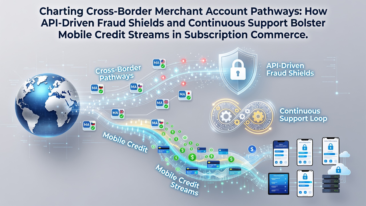 Diagram illustrating cross-border merchant account pathways with API integrations for mobile subscriptions