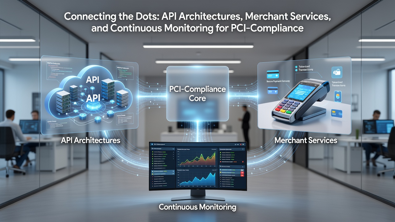 Illustration of continuous monitoring dashboard tracking API calls and merchant transactions for PCI compliance in mobile recurring payments
