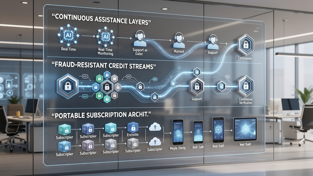 Illustration of fraud-resistant credit stream architecture with layered support in portable devices