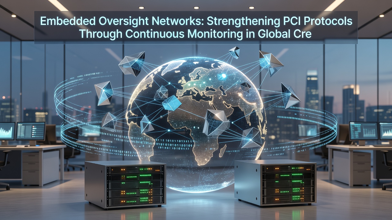 Infographic illustrating data flow through embedded oversight nodes in worldwide credit card processing networks