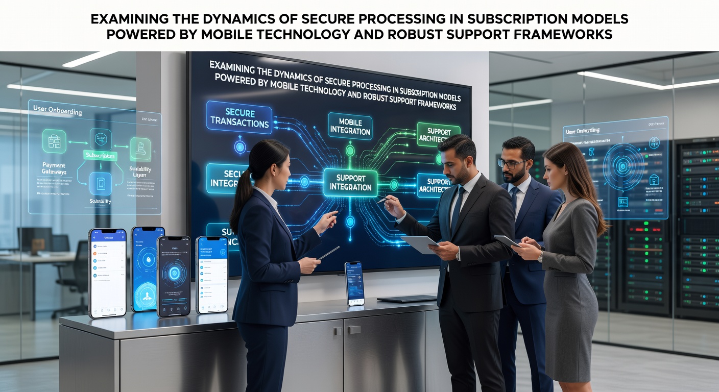 Mobile devices displaying subscription management interfaces with secure data flow indicators