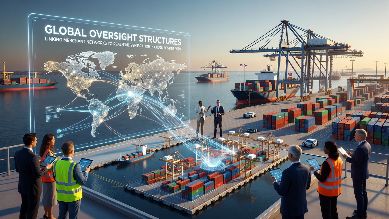 Diagram of real-time verification workflow linking international merchant accounts to oversight databases