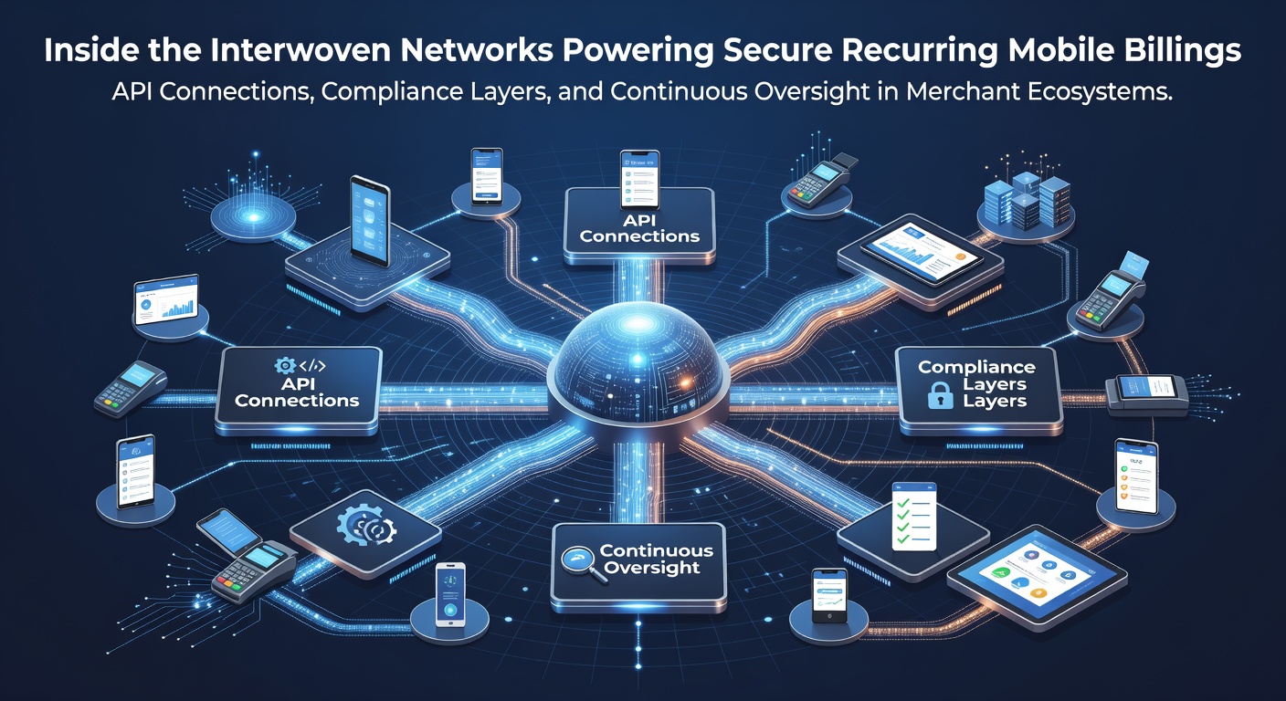 Diagram showing interconnected API networks linking mobile billing systems with compliance layers and oversight protocols in merchant ecosystems