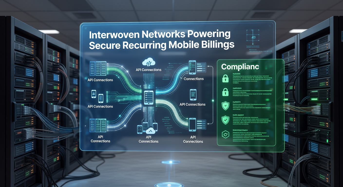 Illustration of continuous monitoring dashboards tracking API traffic, compliance status, and fraud signals across mobile recurring payment networks
