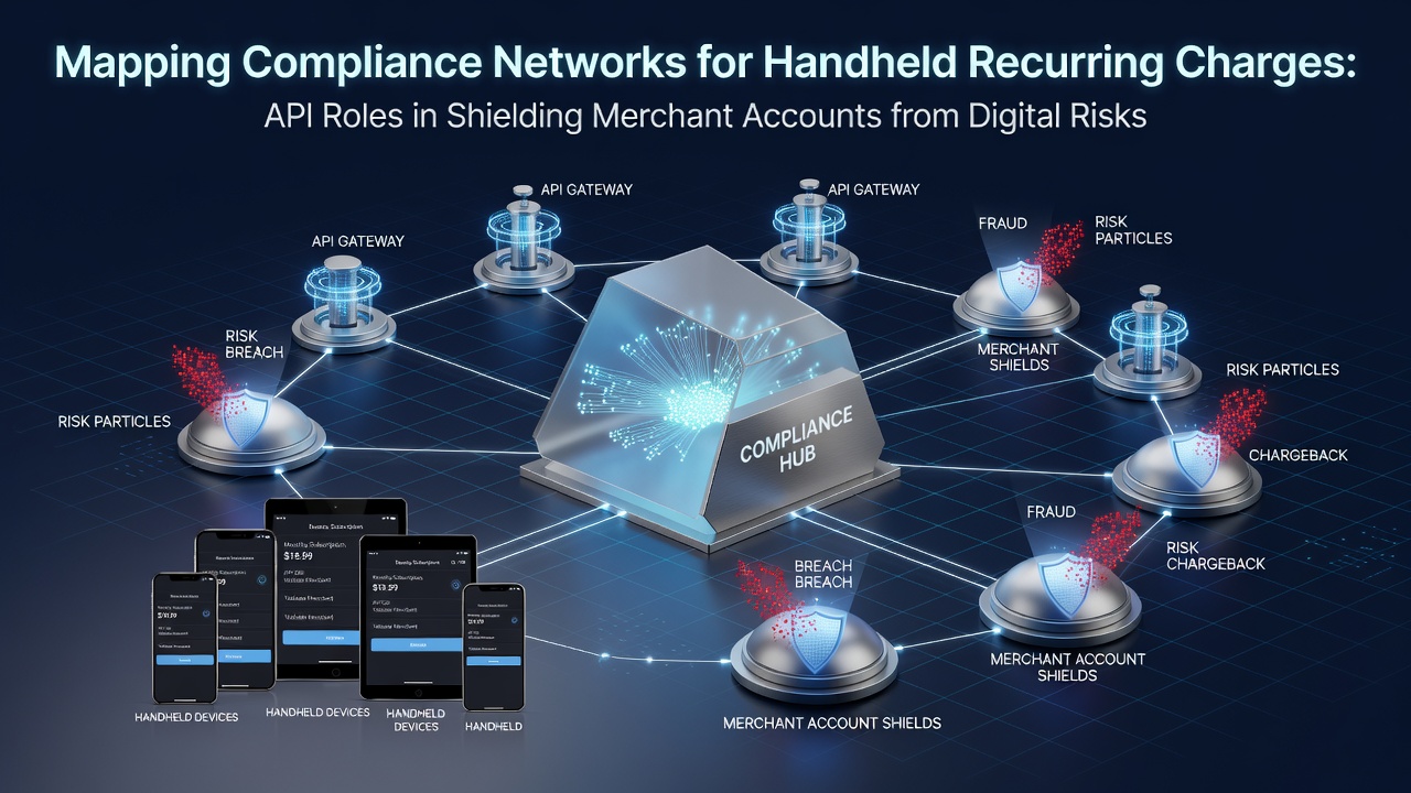 Network diagram showing API connections between mobile devices and compliance protocols in recurring payment systems