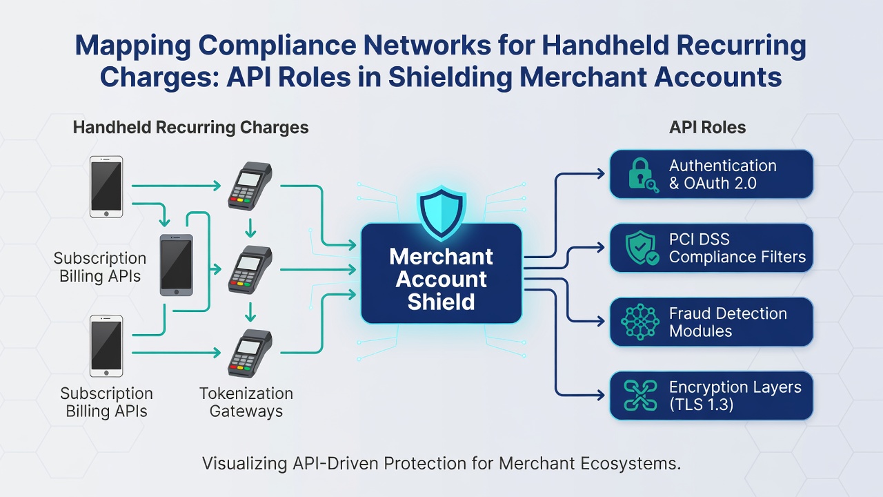 Illustration of API security layers protecting merchant accounts during mobile recurring charge processing
