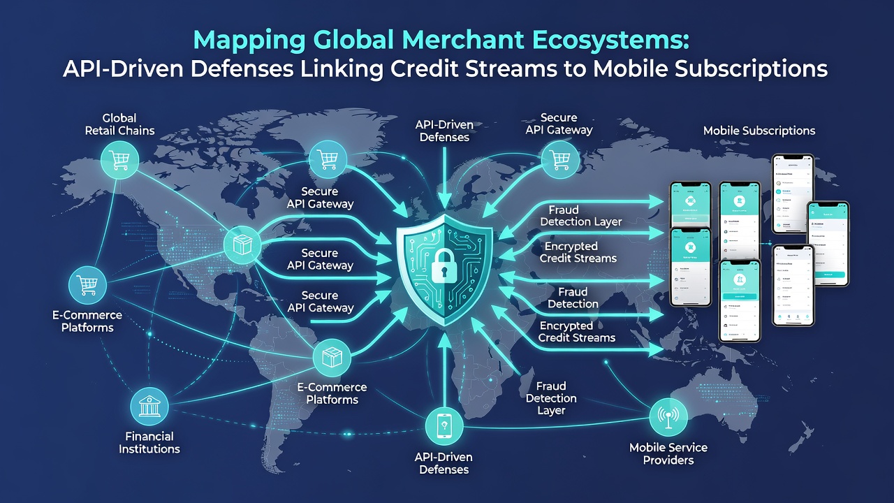 API architecture flowchart illustrating credit stream routing and compliance checkpoints across diverse mobile networks