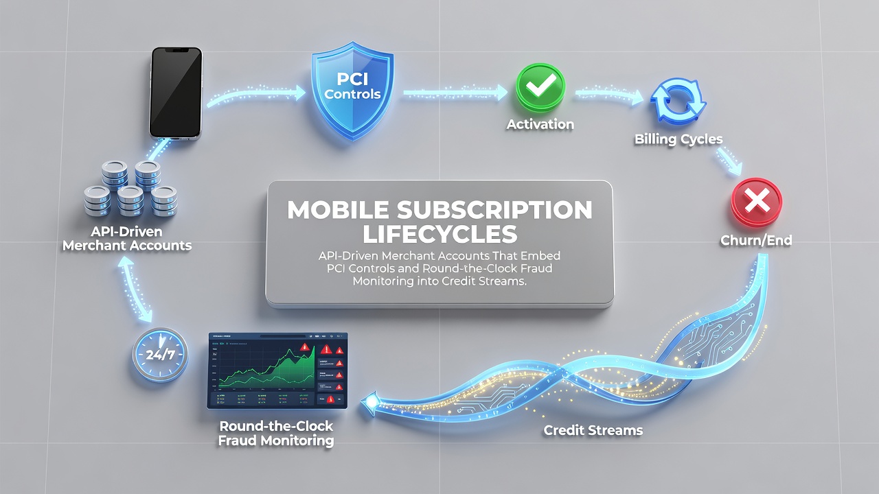 API integration diagram showing merchant accounts with PCI controls and fraud monitoring layers for mobile subscriptions