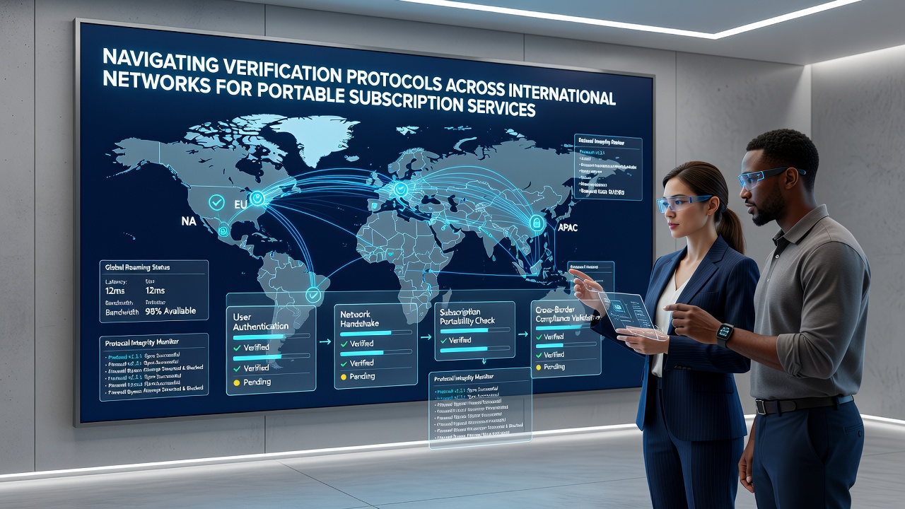 Engineers reviewing verification logs from international roaming sessions on portable subscription platforms
