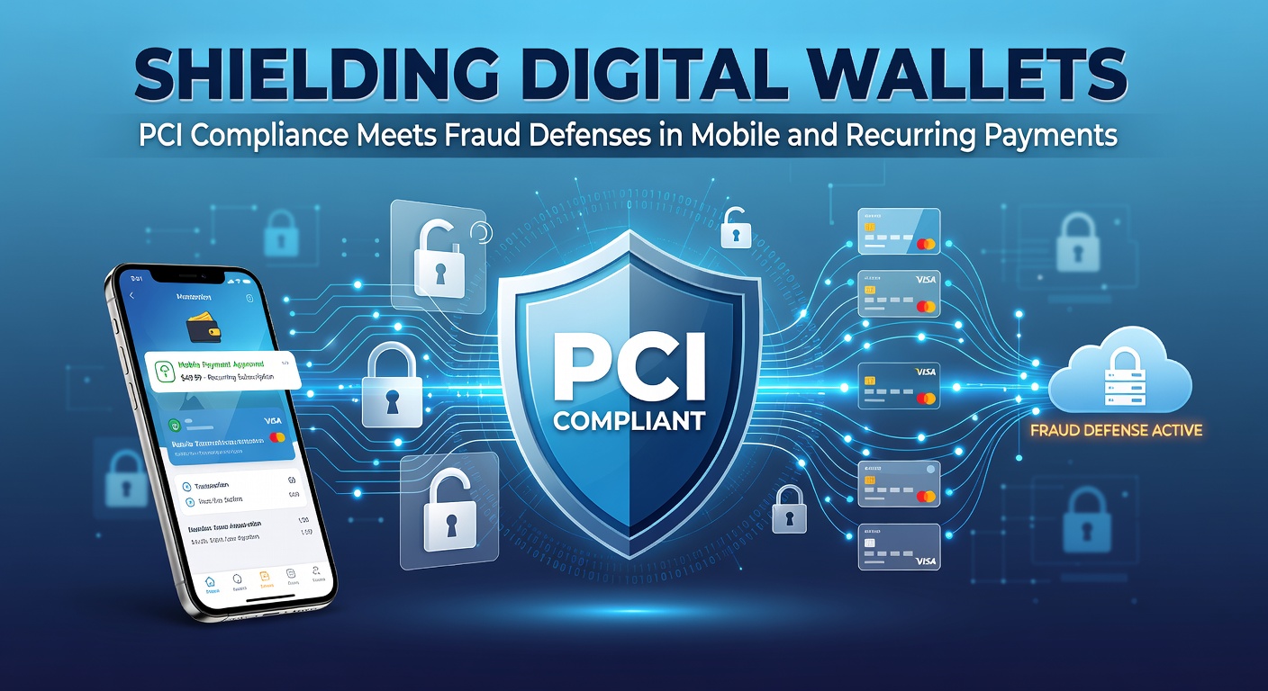 Illustration of a secure digital wallet interface on a mobile device, showing locked payment icons and compliance shields