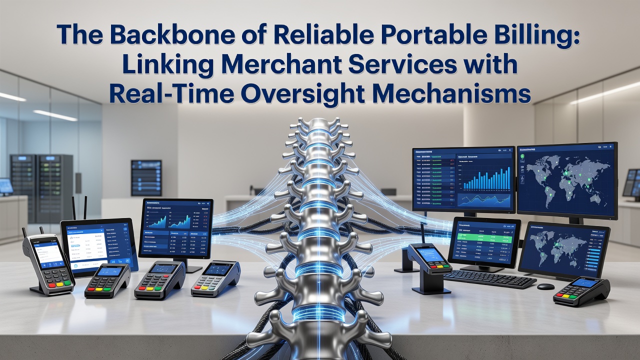 Illustration of merchant services connected to real-time monitoring dashboards for mobile billing oversight