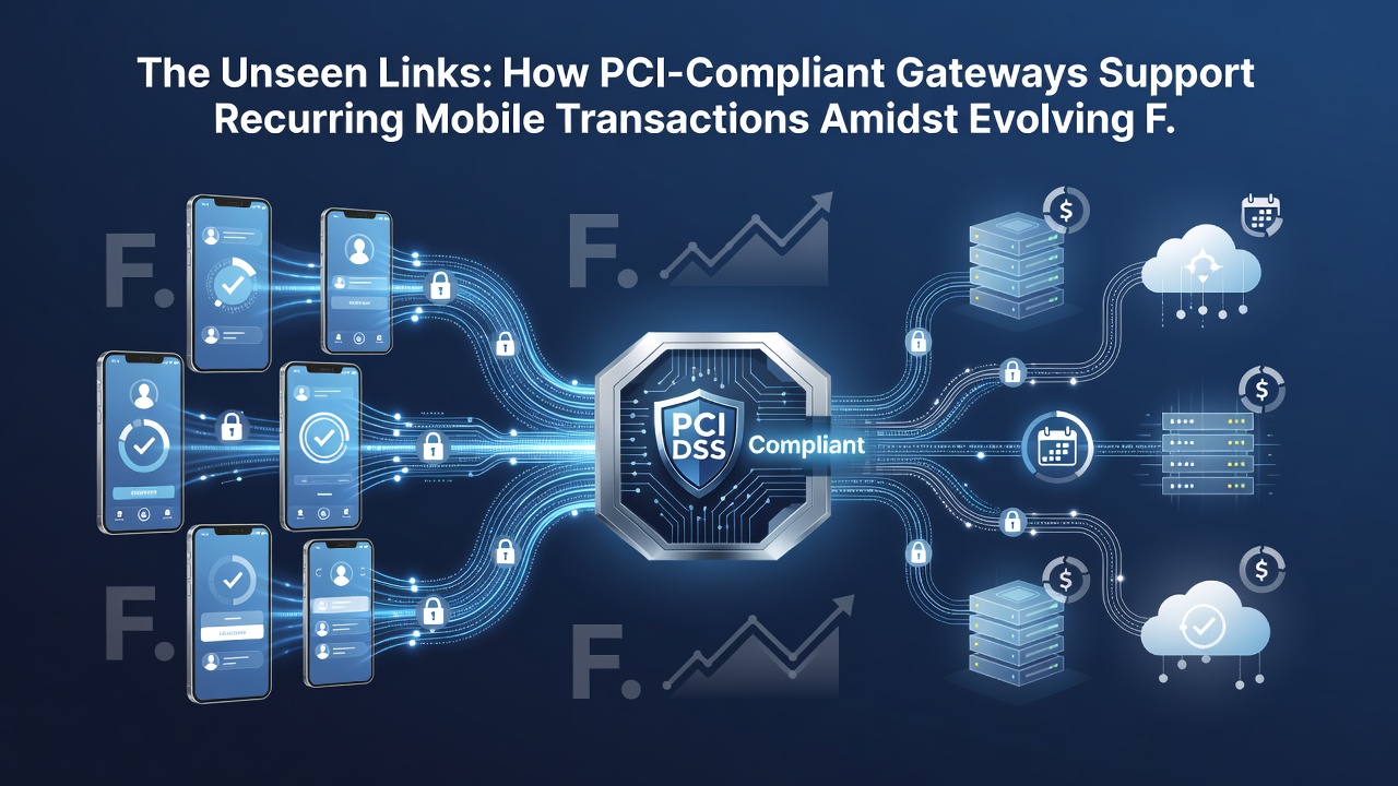 Mobile device showing secure recurring payment flow protected by PCI gateway and fraud detection layers