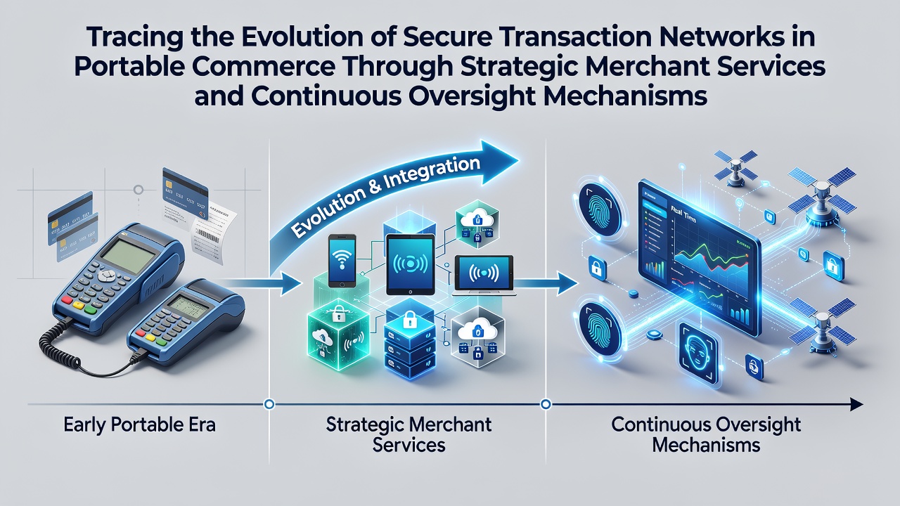 Evolution of secure transaction networks in portable commerce showing early mobile payment devices transitioning to modern API-integrated systems