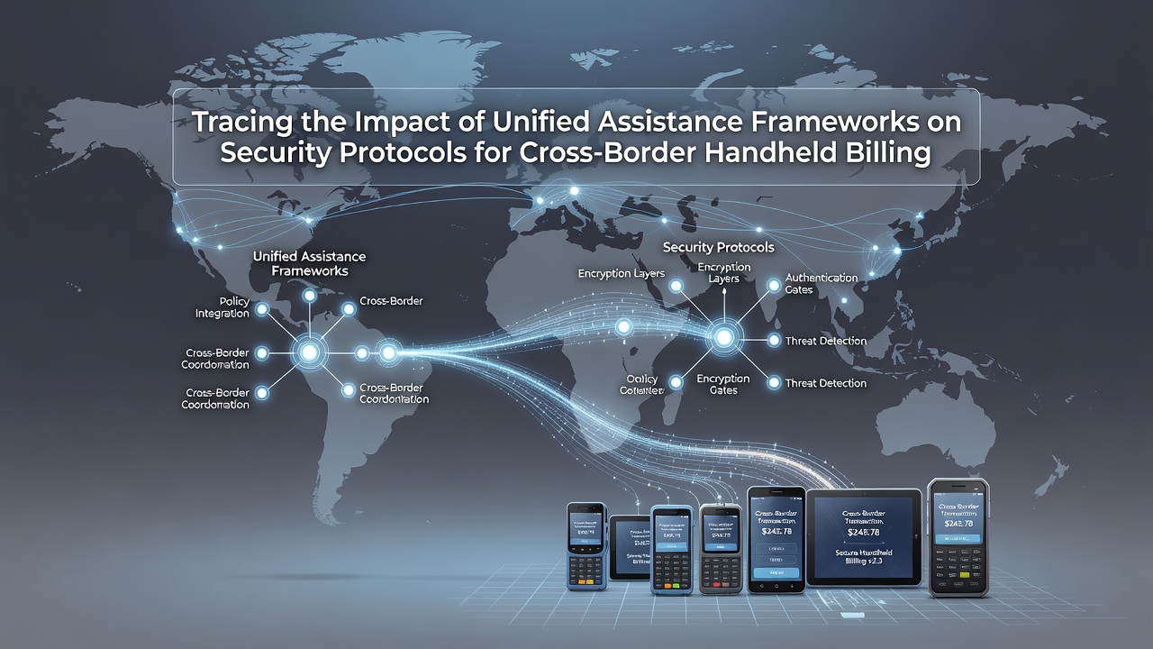 Diagram illustrating unified assistance frameworks integrated with security protocols for cross-border mobile billing systems